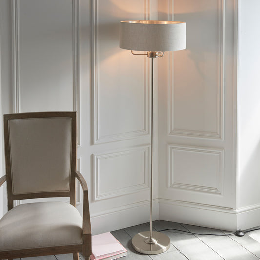 Elegant Chrome & Natural Floor Lamp – Modern Fabric Shade Design  