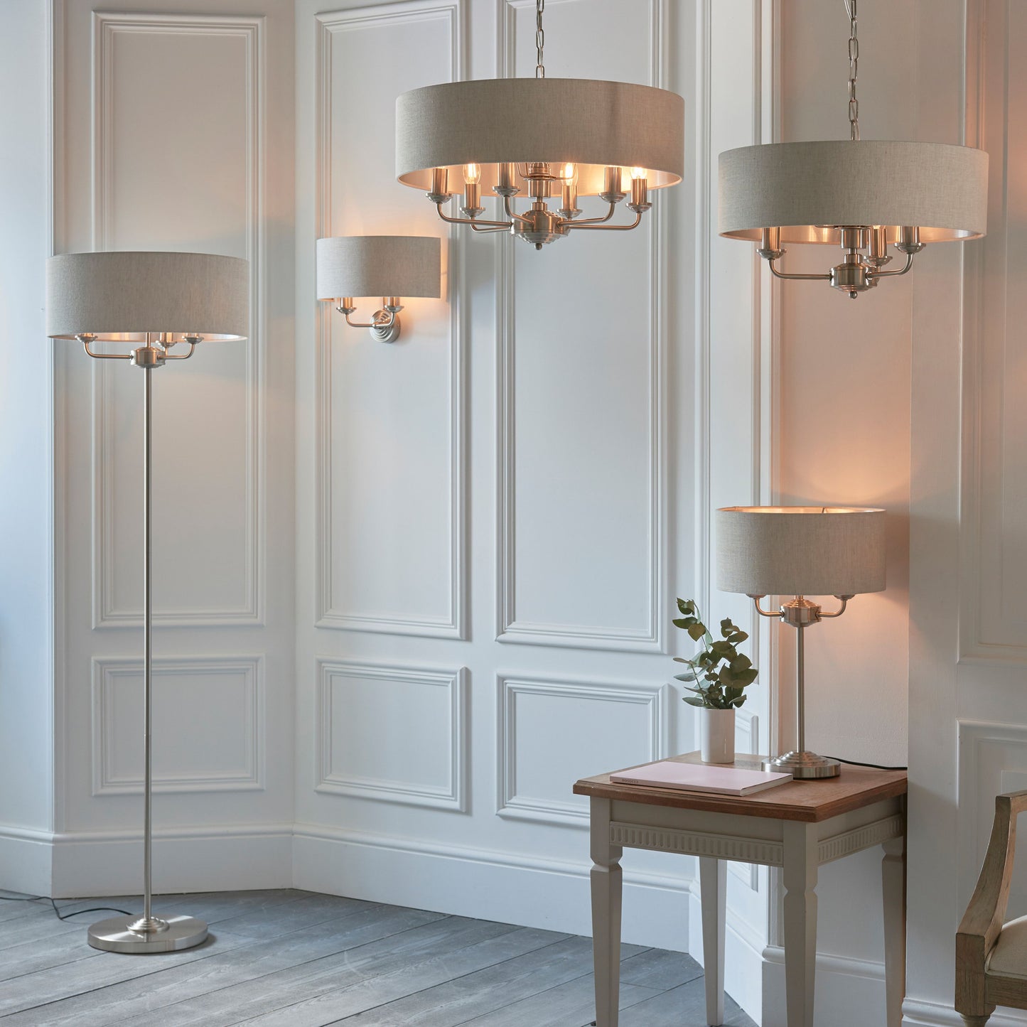 Elegant Chrome & Natural Floor Lamp – Modern Fabric Shade Design  