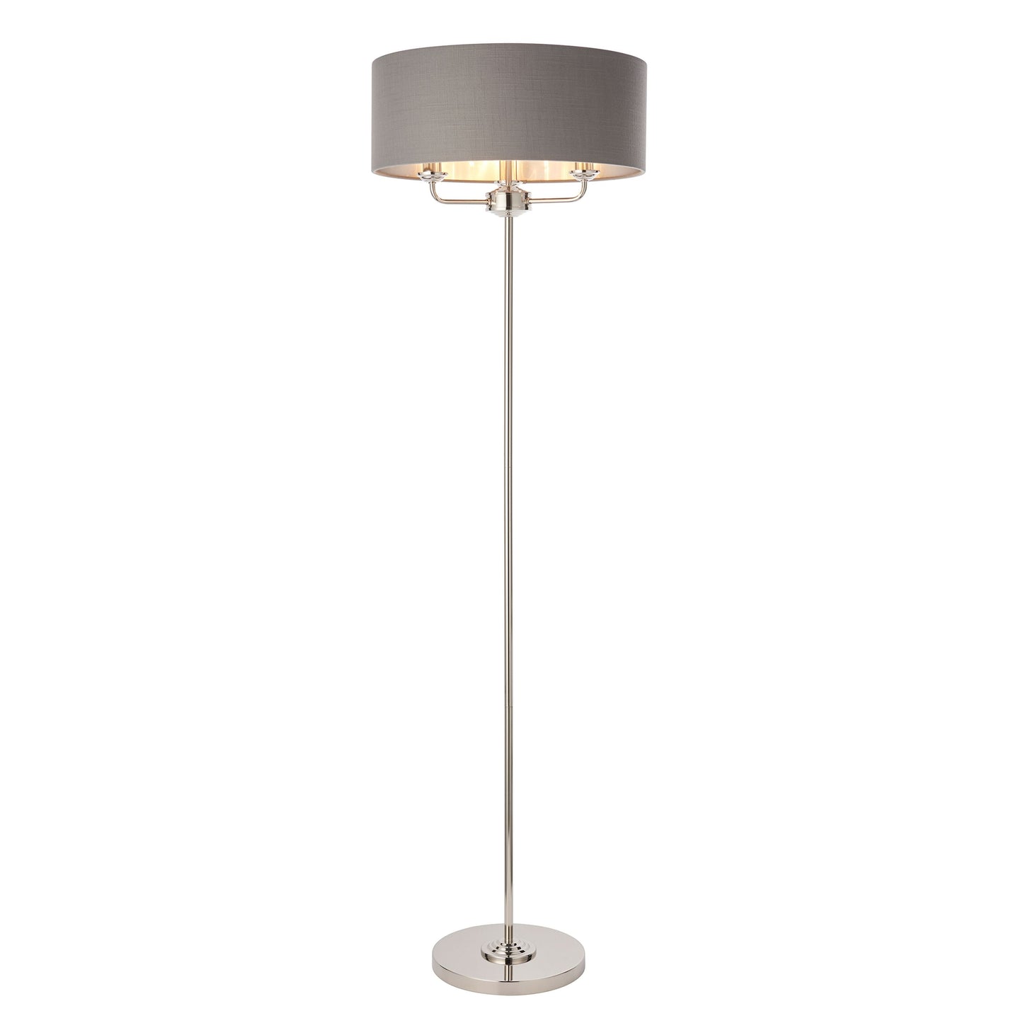 Traditional Chromed Nickel Metal Floor Lamp with Grey Fabric Shade - 3 Light