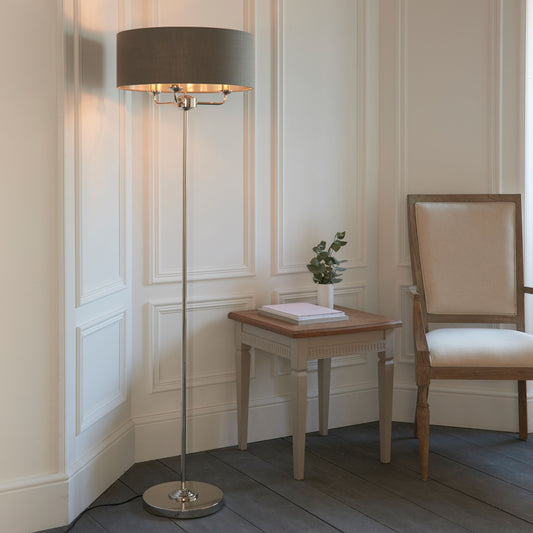 Modern Charcoal & Nickel Floor Lamp – Triple Bulb Fabric Shade Design  