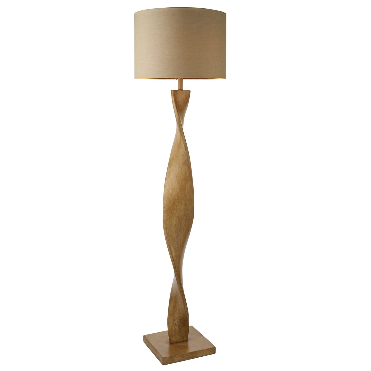 Contemporary Oak Twisted Floor Lamp – Beige Fabric Shade