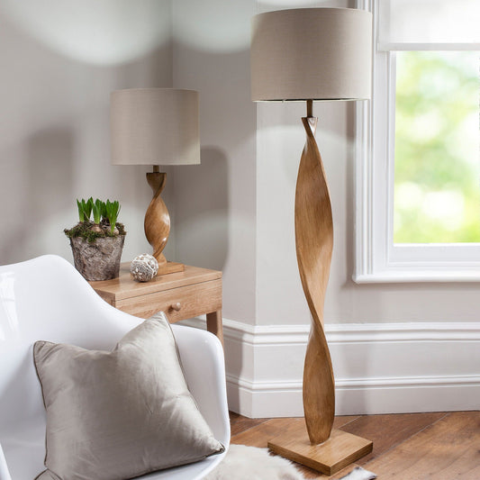 Contemporary Oak Twisted Floor Lamp – Resin Base & Fabric Shade  