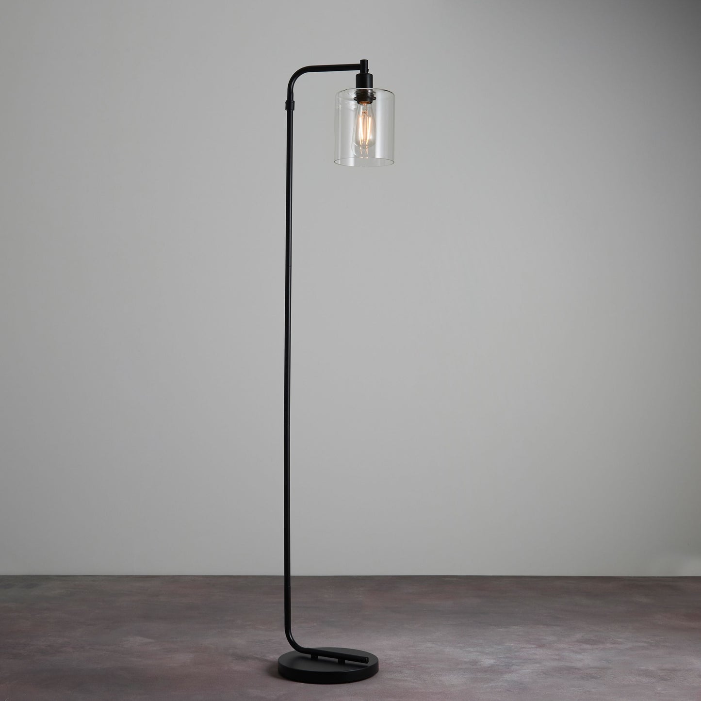 Industrial Glass & Matt Black Floor Lamp – Minimalist Design & Clear Shade  