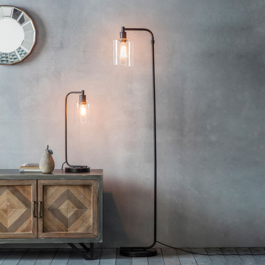 Industrial Glass & Matt Black Floor Lamp – Minimalist Design & Clear Shade  