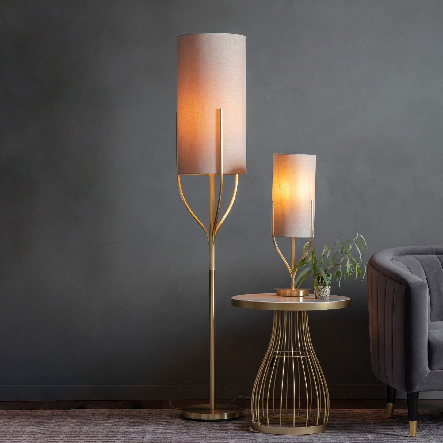 Contemporary Brushed Gold Floor Lamp with Natural / Beige Fabric Shade