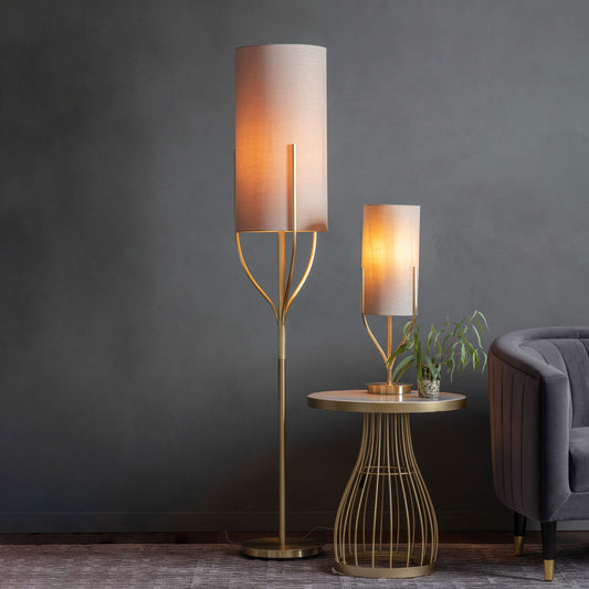 Contemporary Brushed Gold Floor Lamp with Natural / Beige Fabric Shade