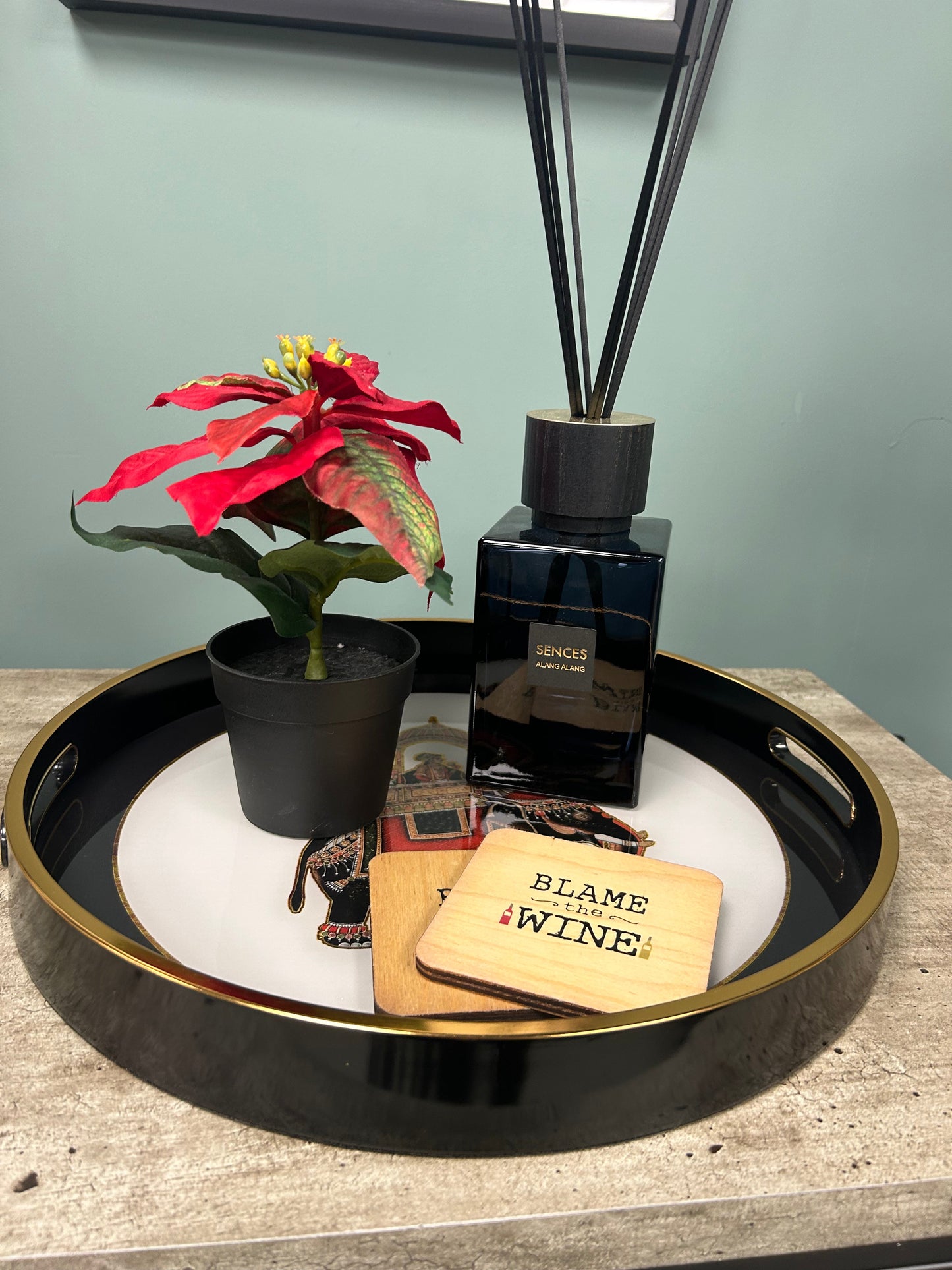 Luxury Black & Gold Royal Elephant Round Serving Tray – Glass Top & Classic Design