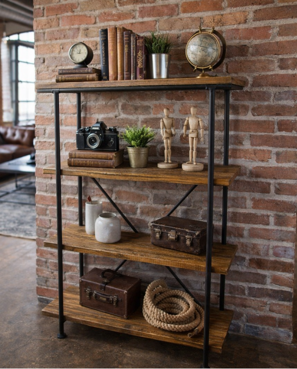 Wide industrial four tier shelving unit with pine wood shelves and black metal frame, 142cm