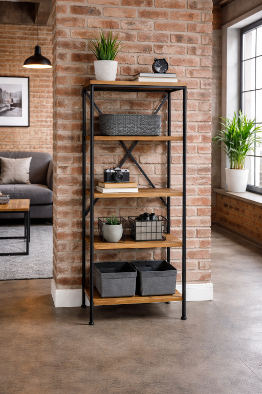 Industrial five tier shelving unit with pine wood shelves and black metal frame, 152cm
