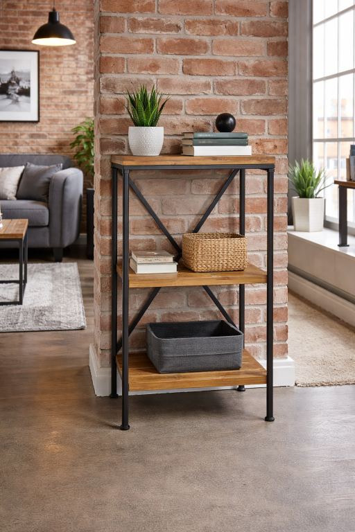 Industrial three tier shelving unit with pine wood shelves and black metal frame, 89cm