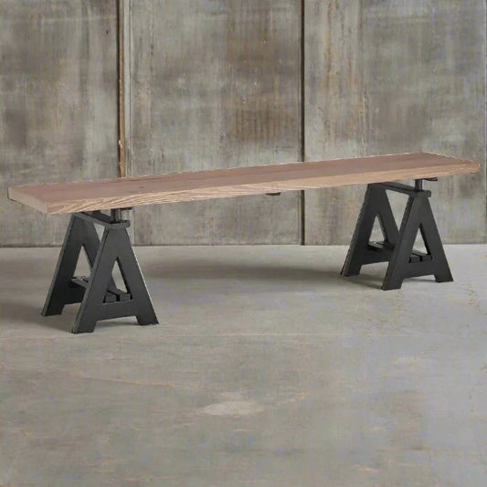 Claymore Indoor Bench, Natural Wood Seat, Black Wood Trestles Frame