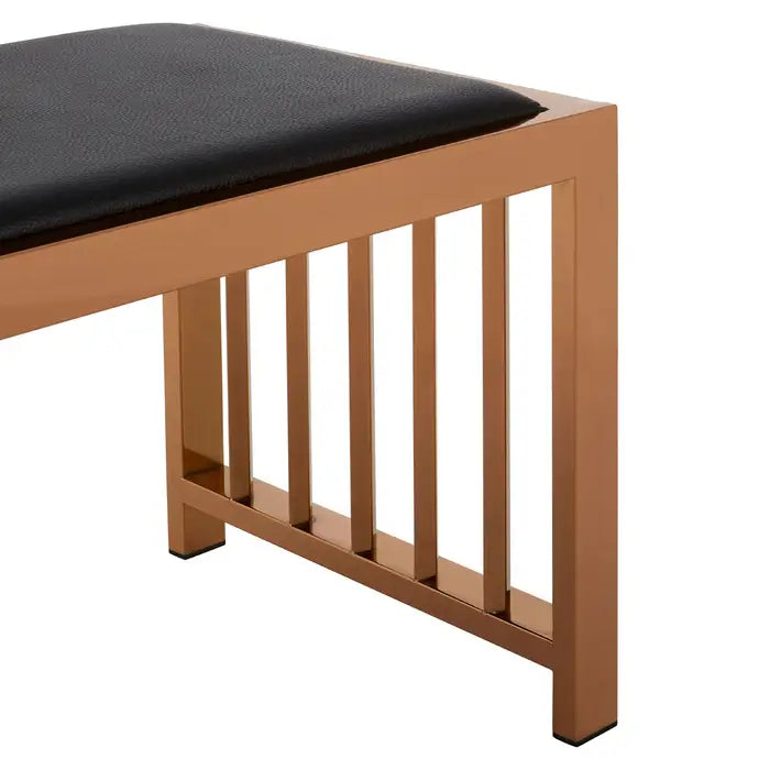 Helmsley Indoor Bench, Black Leather Seat, Rose Gold Frame