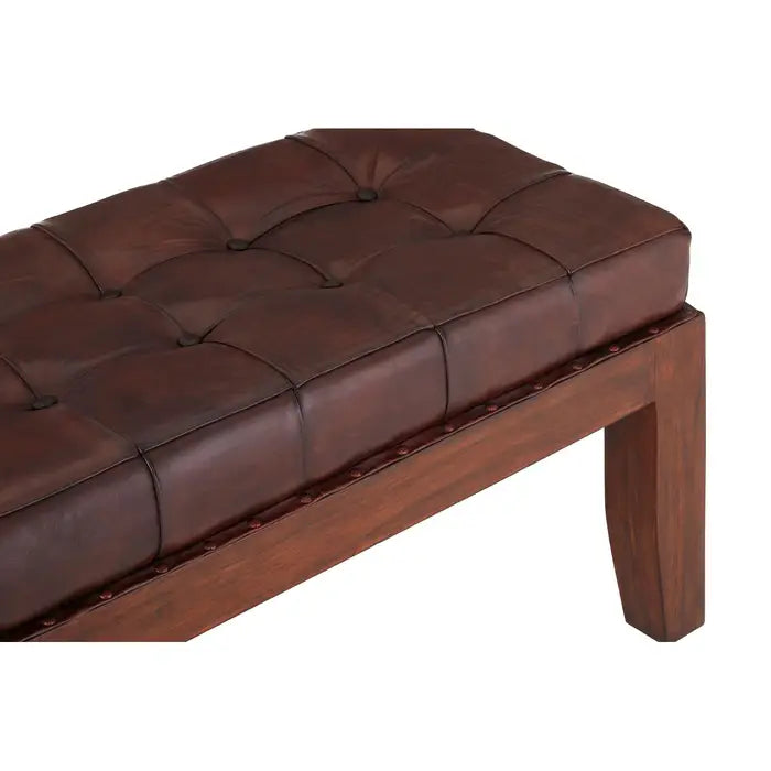 Metro Indoor Bench, Stitched Brown Leather, Brown Teak Frame