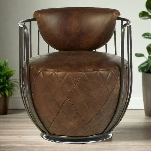 Elegant Brown Leather Accent Chair – Metal Frame with Quilted Upholstery  
