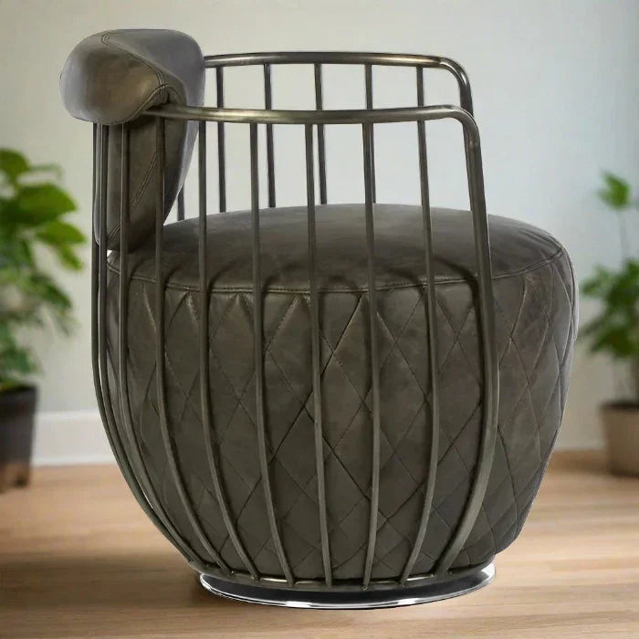 Hoxton Swivel Accent Chair, Grey Leather, Black Metal