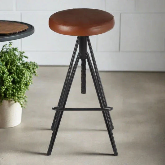 Industrial Black Iron & Brown Leather Bar Stool – Adjustable Design  