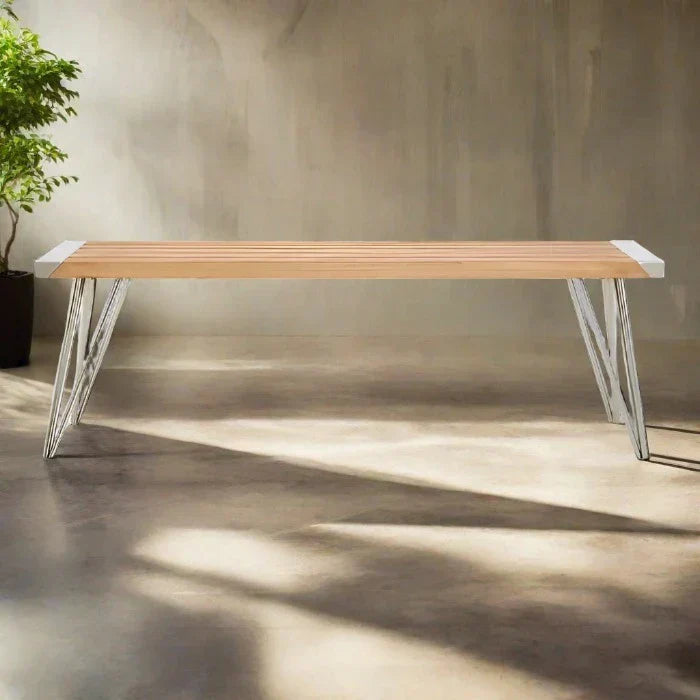 Santana Dining Bench, Natural Teak Slatted Wood, Brushed Steel Frame