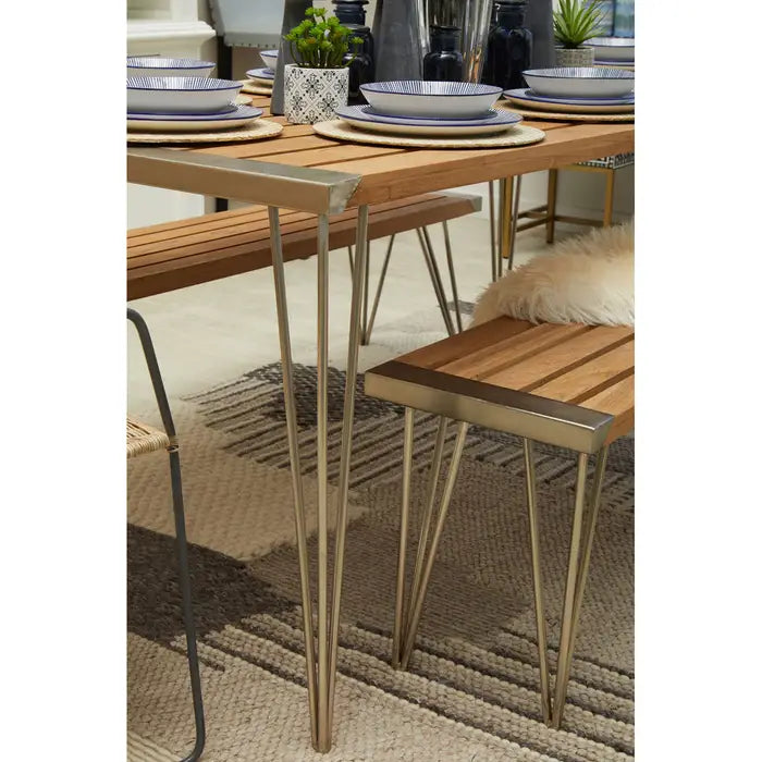 Santana Dining Bench, Natural Teak Slatted Wood, Brushed Steel Frame