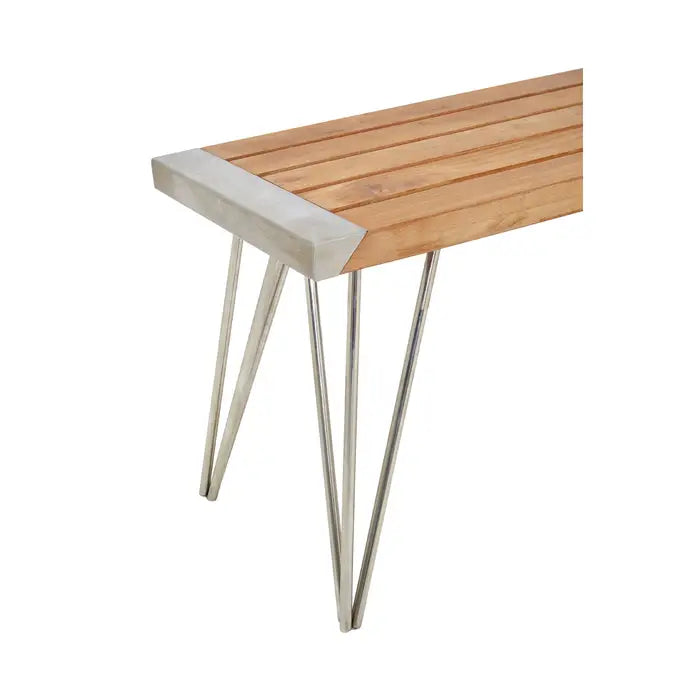 Santana Dining Bench, Natural Teak Slatted Wood, Brushed Steel Frame