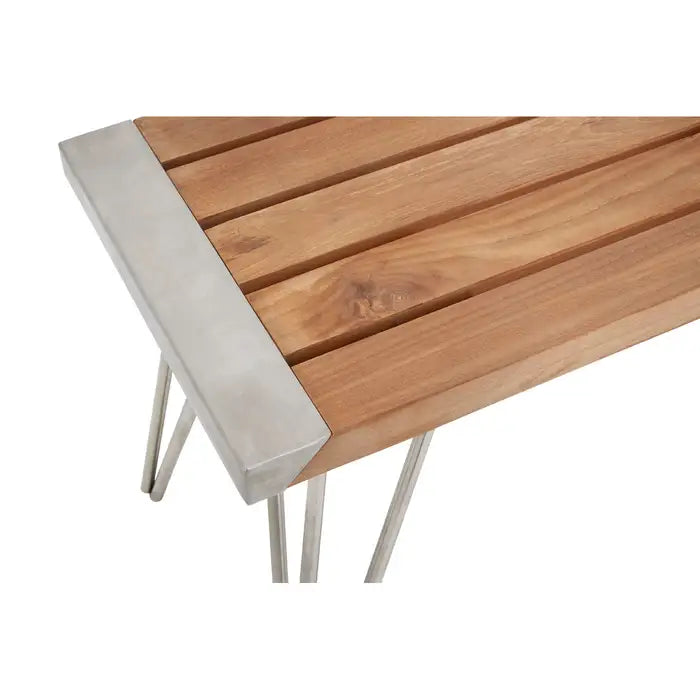 Santana Dining Bench, Natural Teak Slatted Wood, Brushed Steel Frame