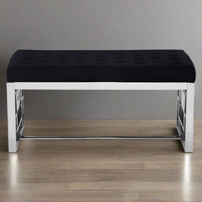 Hampton Indoor Bench, Black Button Tufted, Silver Frame