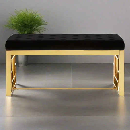 Albion Indoor Bench, Black Button Tuffed Velvet, Gold Metal Frame