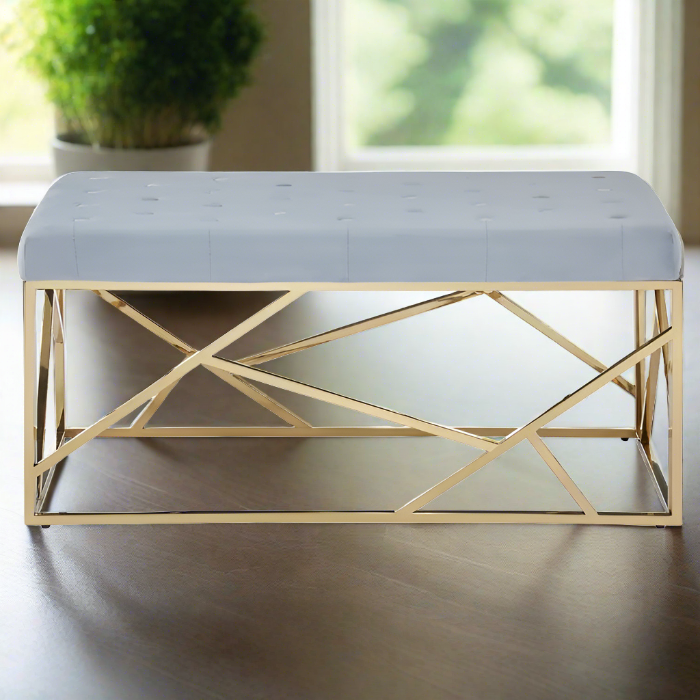Albion Indoor Bench, Powder Blue Velvet, Geometric Gold Metal Frame