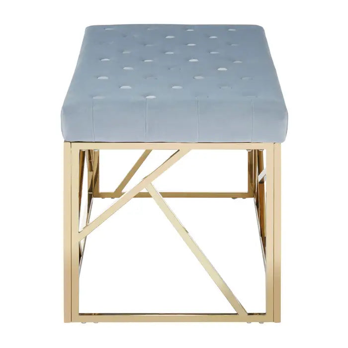 Albion Indoor Bench, Powder Blue Velvet, Geometric Gold Metal Frame