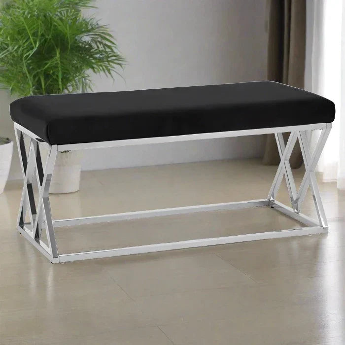 Hampton Indoor Bench, Black Velvet, Silver Cross Metal Frame