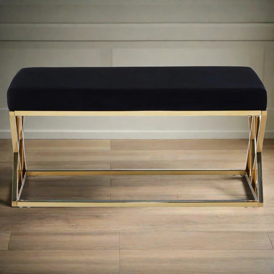 Hampton Indoor Bench, Black Velvet, Gold Cross Frame