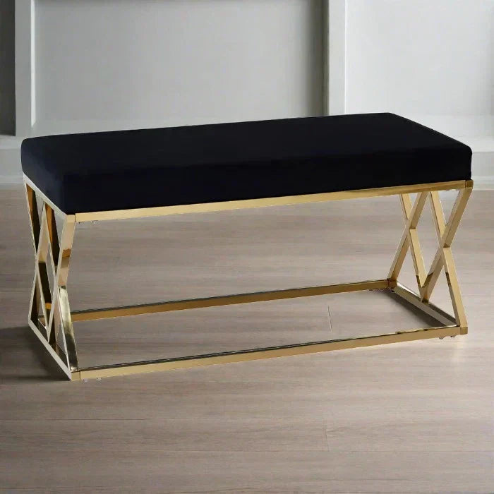 Hampton Indoor Bench, Black Velvet, Gold Cross Frame