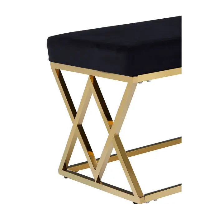 Hampton Indoor Bench, Black Velvet, Gold Cross Frame
