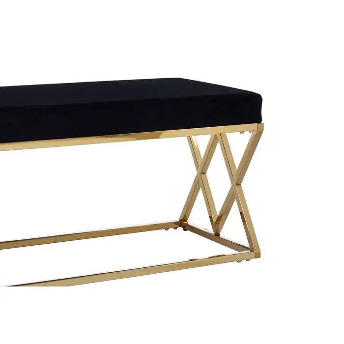 Hampton Indoor Bench, Black Velvet, Gold Cross Frame