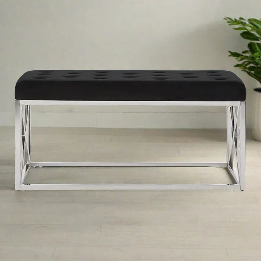 Hampton Indoor Bench, Black Velvet Button Tufted, Silver Metal Frame