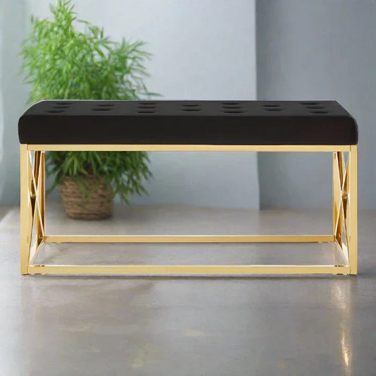 Hampton Indoor Bench, Black Velvet Button Tufted, Gold Metal Frame