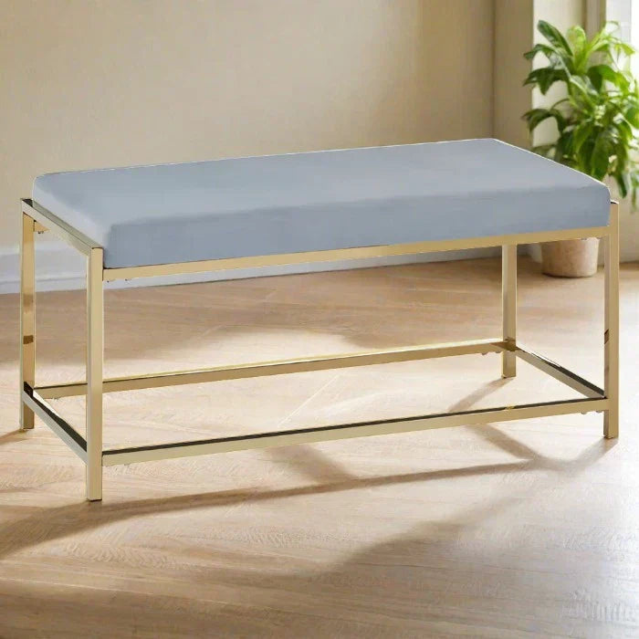 Albion Indoor Bench, Powder Blue velvet, Gold Metal Frame
