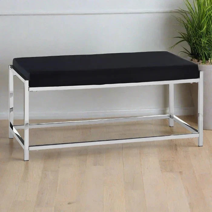 Hampton Indoor Bench, Black Velvet, Silver Metal Frame