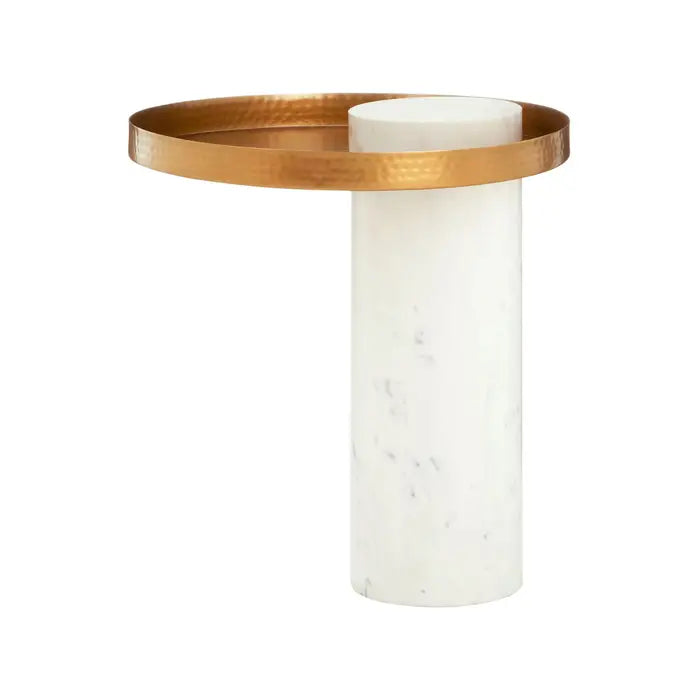 Elegant White Marble & Gold Side Table – Hammered Iron Trim Accent - 