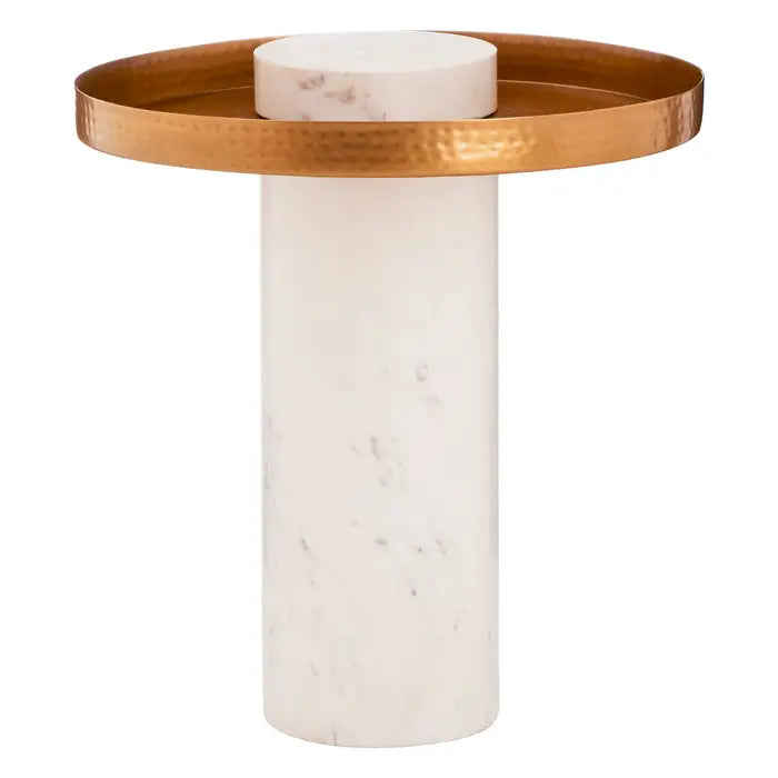 Elegant White Marble & Gold Side Table – Hammered Iron Trim Accent