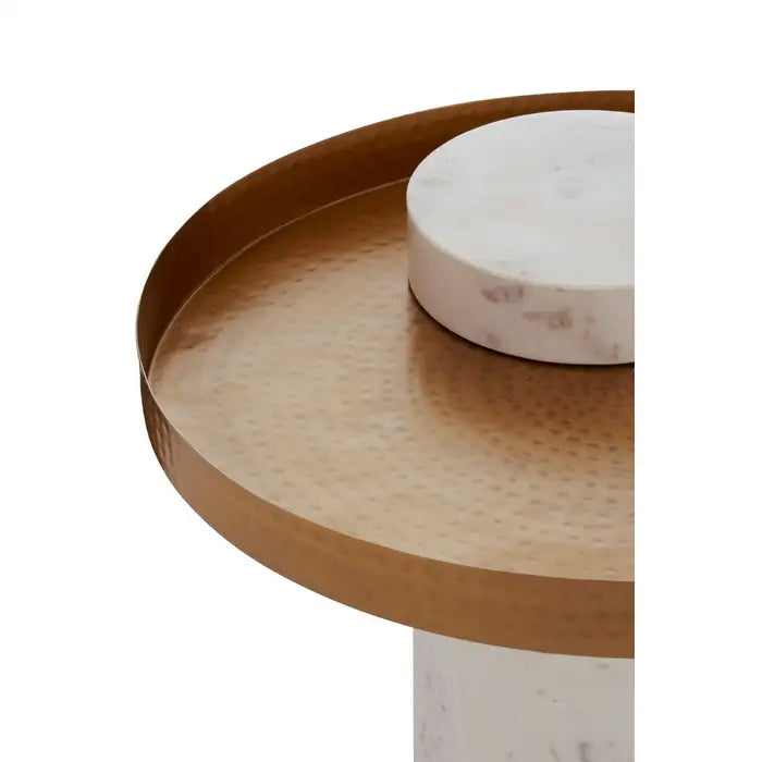 Elegant White Marble & Gold Side Table – Hammered Iron Trim Accent