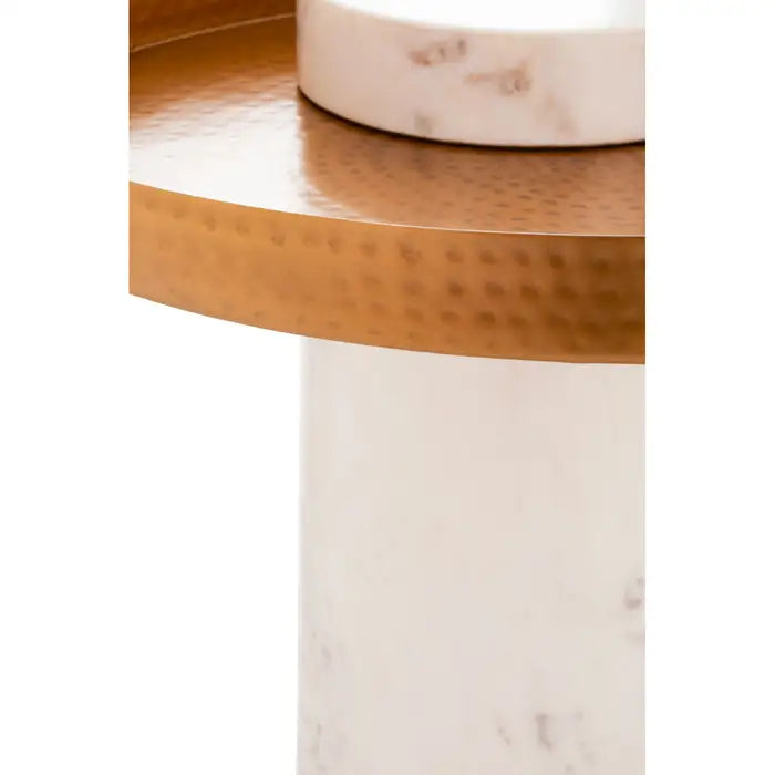 Elegant White Marble & Gold Side Table – Hammered Iron Trim Accent