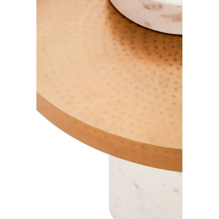 Elegant White Marble & Gold Side Table – Hammered Iron Trim Accent