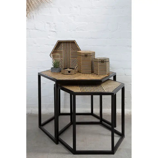 Contemporary Bamboo & Iron Hexagonal Nesting Tables – Unique Geometric Design - 