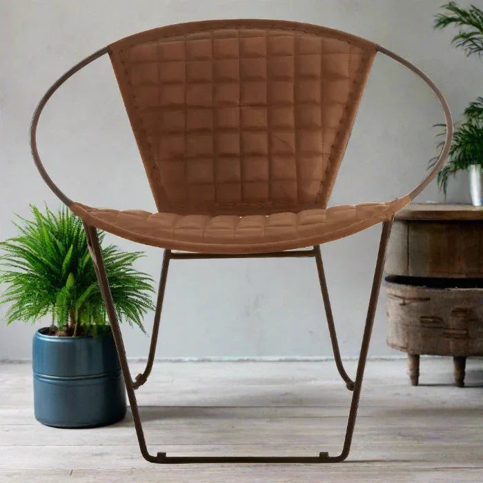 Industrial Brown Leather Accent Chair – Quilted Seat & Iron Frame