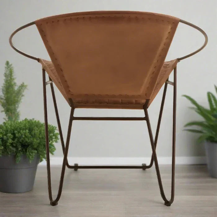 Industrial Brown Leather Accent Chair – Quilted Seat & Iron Frame