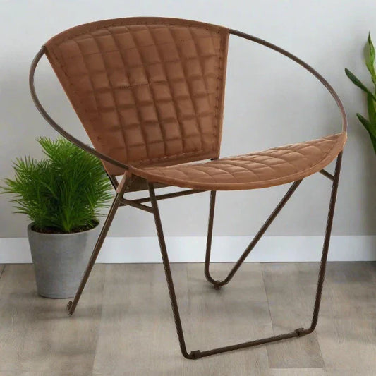Industrial Brown Leather Accent Chair – Quilted Seat & Iron Frame  
