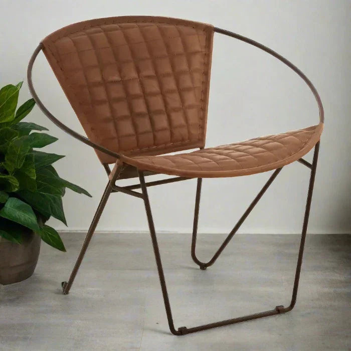 Industrial Brown Leather Accent Chair – Quilted Seat & Iron Frame  
