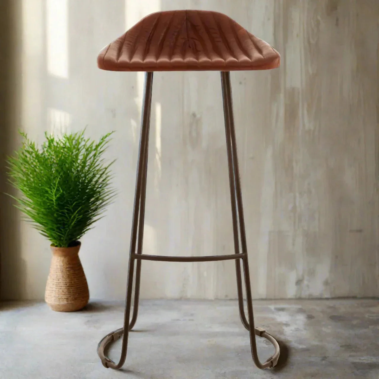 Elegant Brown Leather Bar Stool – Black Iron Frame & Contemporary Design  
