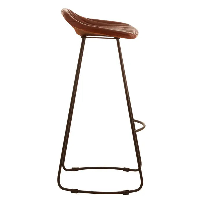 Elegant Brown Leather Bar Stool – Black Iron Frame & Contemporary Design