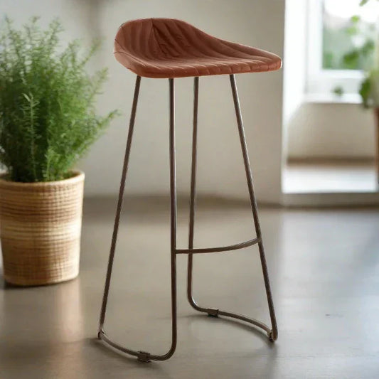 Elegant Brown Leather Bar Stool – Black Iron Frame & Contemporary Design  
